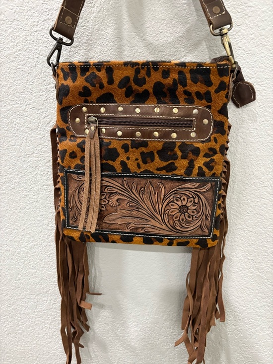 Handbags - Leopard Print Fringe Crossbody Bag with Tooled Leather Accent